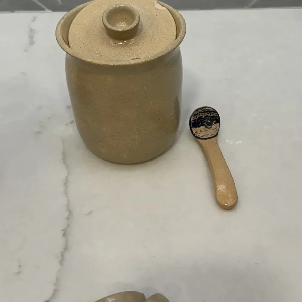 Sylvia Lawson NC Pottery Blue Sgrafitto Condiment Jar Lid Spoon Pilot Mountain